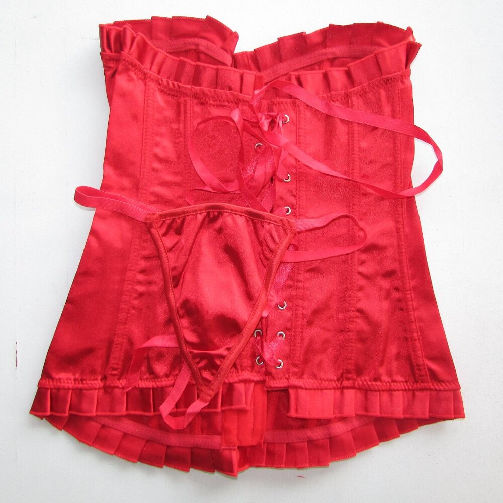 Red Satin Ruffled Corset Set - NEW - Picture 8 of 13